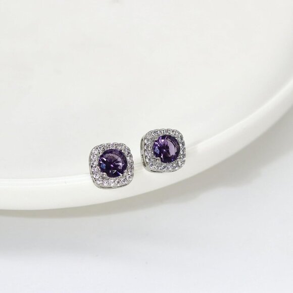 Women's Purple Square Simulated Dainty Diamond Halo Sparkling Stud Earring - Picture 5 of 9